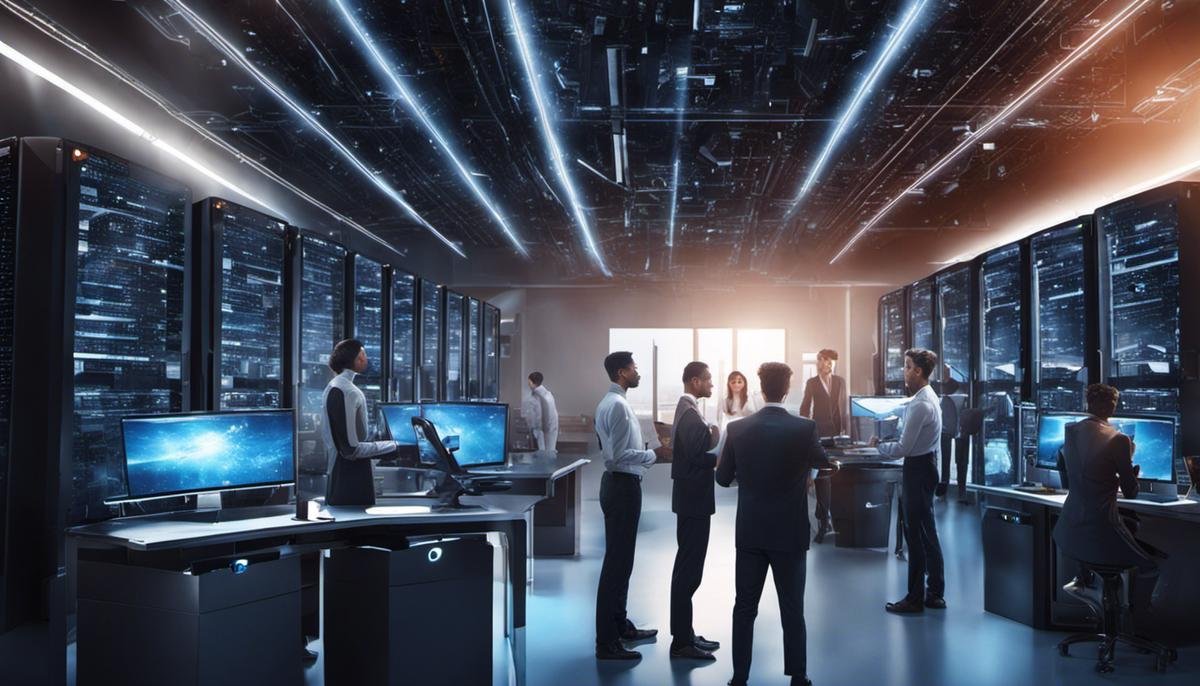 Image depicting the future of affordable web hosting services, with individuals working on computers and servers in a futuristic setting