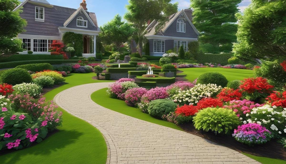 A beautiful landscape garden with vibrant flowers, well-trimmed hedges, and a serene atmosphere.