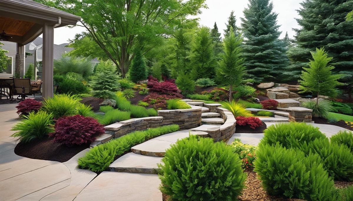 A visually appealing landscape design with carefully selected plants, hardscape features, and a harmonious balance of natural and man-made elements.
