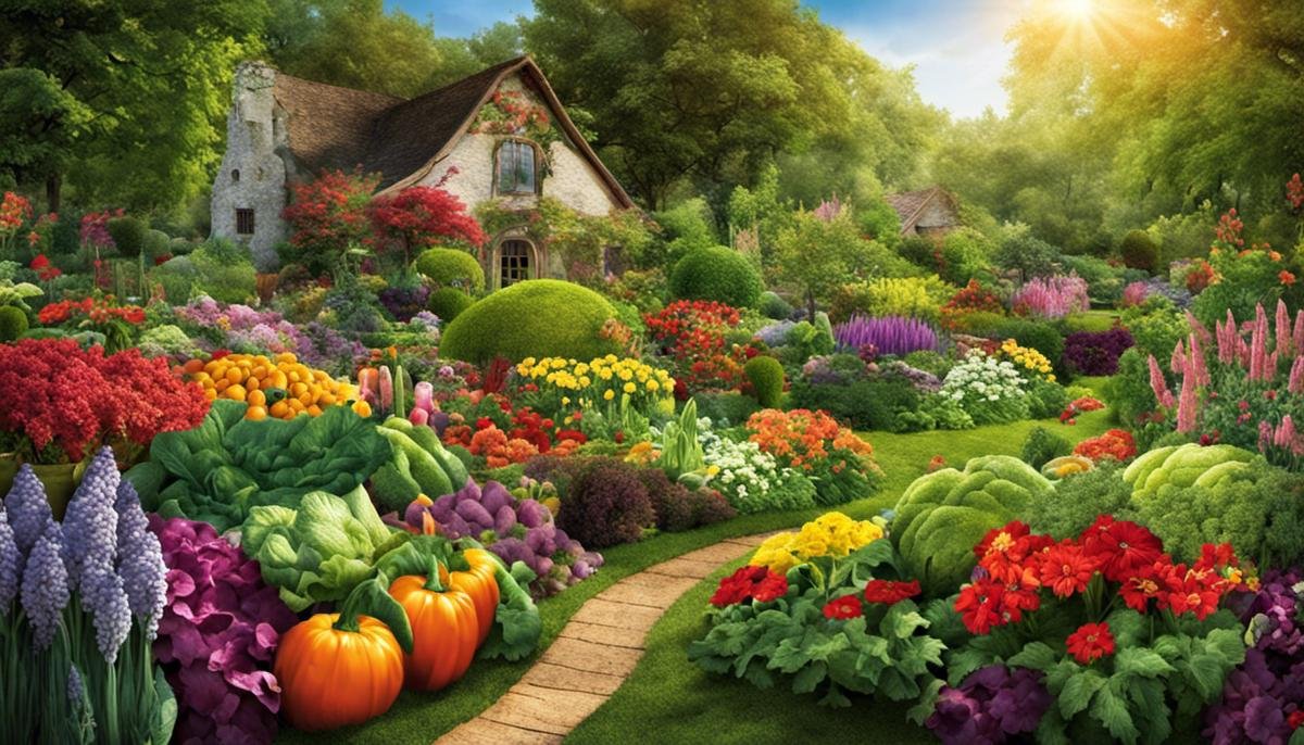 A colorful image of an abundant organic garden with a variety of vegetables and flowers.