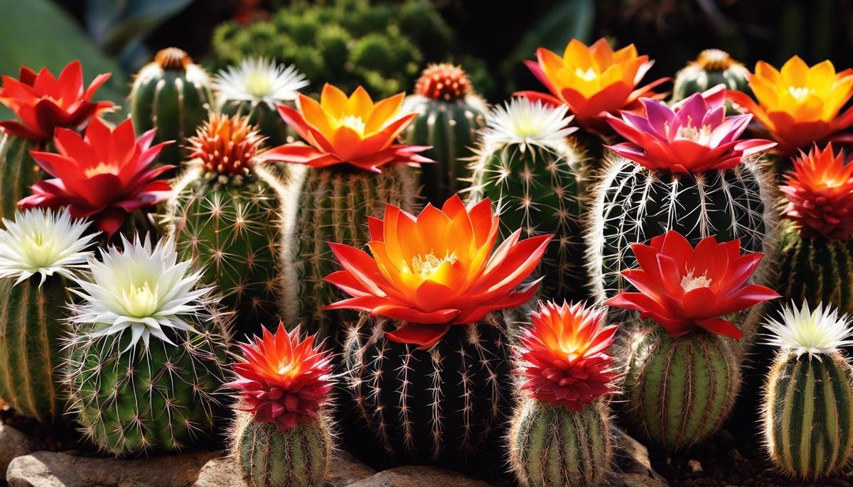 A diverse collection of South American cacti in various shapes, sizes, and colors, showcasing the beauty and variety of these plants